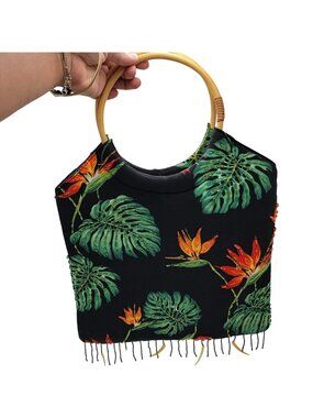 Vtg Wenger Tropical Beaded Tote Hand- Bag With Bamboo Handles & Fringe Detailing